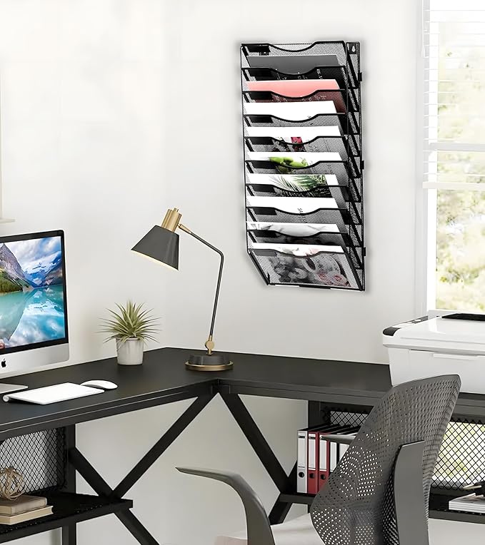 EasyPAG 10 Pocket Wall File Organizer, Black | Metal Mesh Wall Mounted File Holder | Assembly Hanging Mail Organizer | Replaceable Classify Labels | Office Home Letter Size Paper Storage