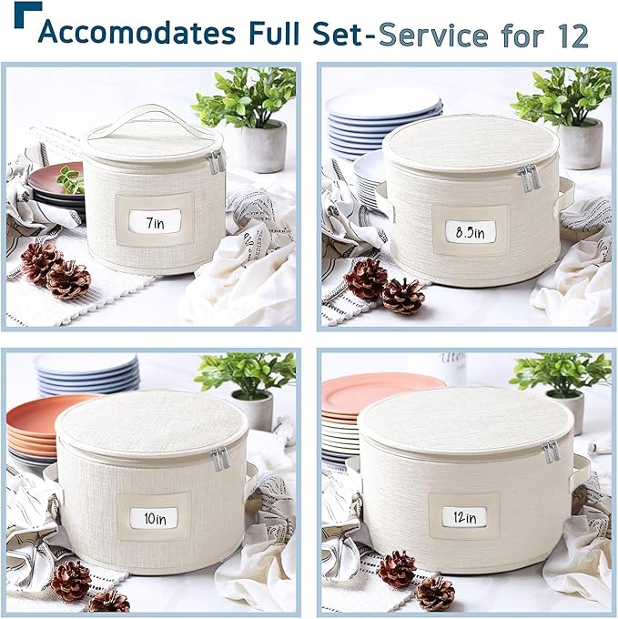 Fine China Storage Containers, 5 Piece Quilted Dish Storage Containers, Mug, Cup, and Plate Dish Organizer with Felt Dividers, Service of 12 Dinnerware Boxes for Moving, Seasonal Organization, Cream-NeatNest