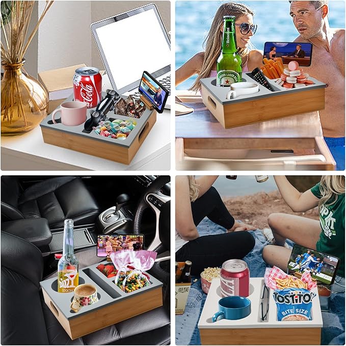Couch Cup Holder with Bamboo Tray and Anti-Spill Silicone Liner for TV Watching Snack Trays with Cup and Remote Holder (White)-NeatNest