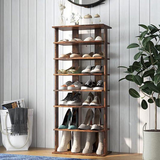 COSTWAY 7 Tiers Shoe Rack, Double Rows Vertical Tall Narrow Patented Shoe Organizer, Free Standing Shoe Rack for Small Space, Entryway, Closet, Living Room, Bedroom (Rustic Brown)-NeatNest