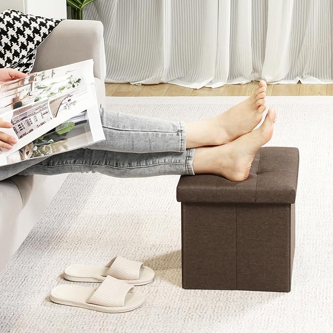 B FSOBEIIALEO Storage Ottoman Cube, Toy Chest Folding Footrest for Living Room Seat, 12.6"X12.6"X12.6" (Linen Brown)