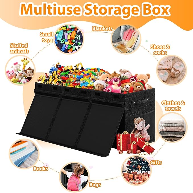 Extra Large Toy Storage Box with Lid Divider, Sturdy Collapsible Toys Organizer Chest Kids Storage Bins Boxes Baskets for Boys, Girls, Nursery, Bedroom, Living Room, Playroom, 40"x14"x16", Black