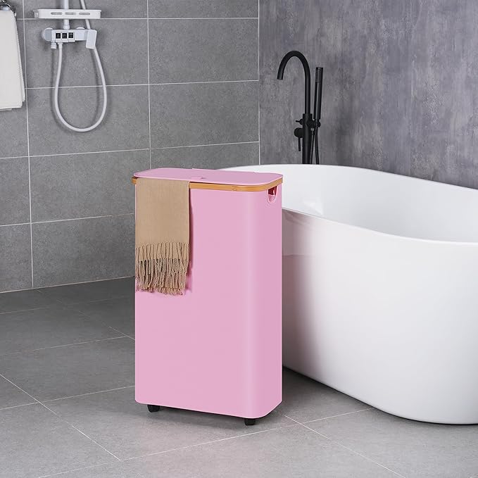 efluky Slim Laundry Basket with Wheels, Narrow Rolling Laundry Hamper with Lid and Removable Bag, Tall Aesthetic Dirty Clothes Hamper on Wheels for Laundry Room, Bedroom, Dorm and Bathroom, 75L Pink-NeatNest