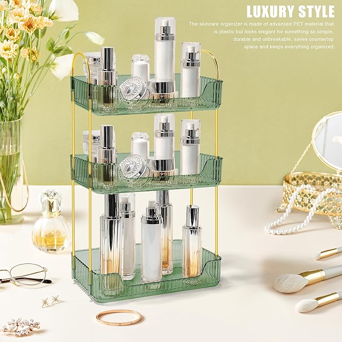 Bathroom Counter Organizer Countertop Storage Skincare Countertop Makeup Organizer Cosmetics Skincare Organizers Holder for Perfume-Green-Golden Pole-3 Tier-NeatNest