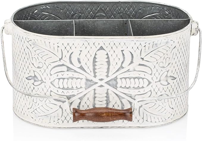 CRAFTSMAN ROAD Distressed White Metal Caddy – Farmhouse Galvanized Kitchen Organizer with Handle – Vintage Rustic Multi-Compartment Holder for Napkins, Plates, Cutlery, Flatware, Cleaning Supplies-NeatNest