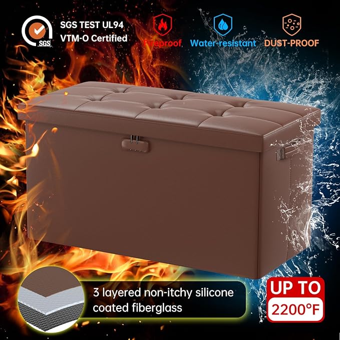 DocSafe Storage Ottoman Bench with Lock,Fireproof 30 Inches Folding Bench Foot Rest Stool Storage Chest Safe for Living Room,Bedroom,Home Office,Waterproof Leather Ottoman with Handles,Brown-NeatNest