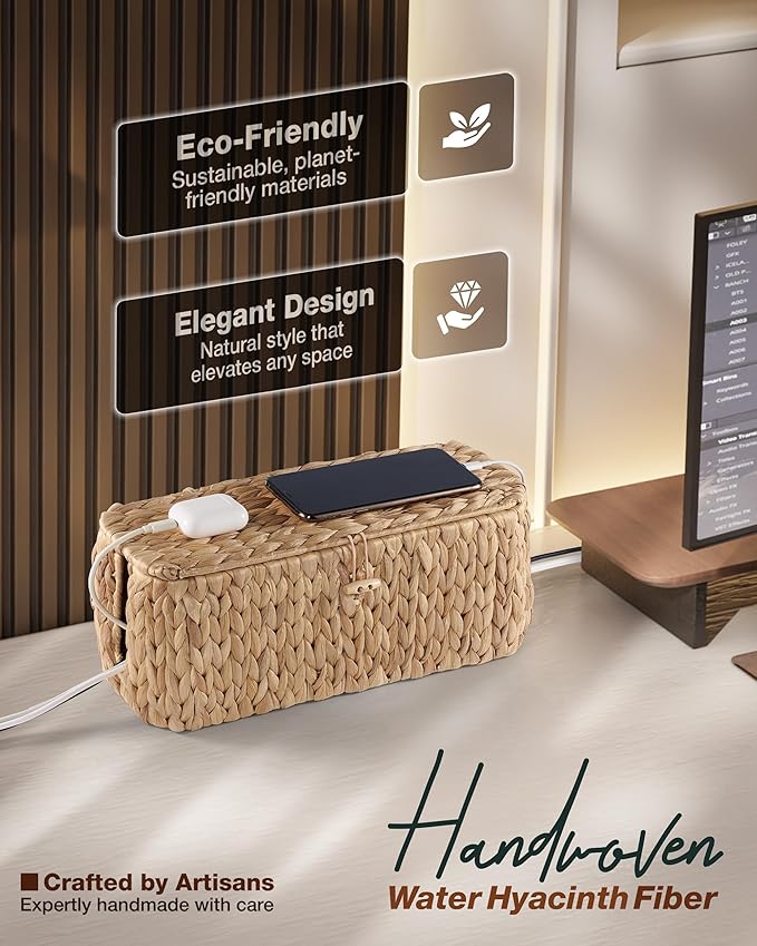 BLUEWEST Cable Management Box, Water Hyacinth Organizer Box, Durable Rattan Cable Organizer with Dual Open Slots for Desk, TV, or Office Cords, Stores Power Strips, USB Hubs, and Wires