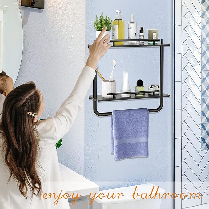 Floating Shelves, 2 Tier Wall Mounted Metal Floating Shelves Black with Frame and Towel Rack for Bathroom, Living Room, Bedroom, Kitchen