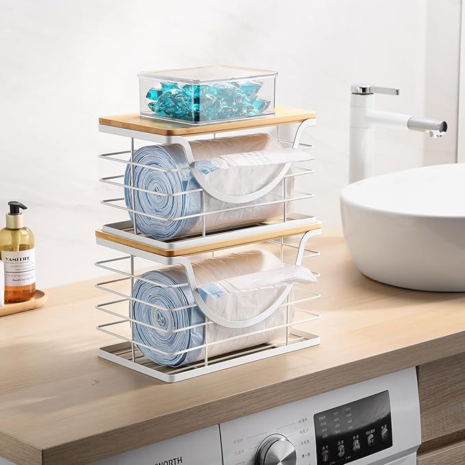 Extra Large Trash Bag Holder Stackable Kitchen Storage White, 2 Pack Wall Mounted Pantry Organizers and Storage with Bamboo Top, Garbage Bag Dispenser Under Sink for Laundry Room and Kitchen-NeatNest