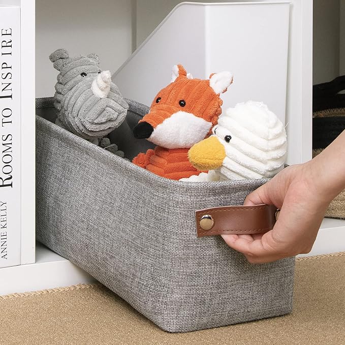 DULLEMELO Fabric Bathroom Storage Bin with Leather Handles, Narrow Organizer for Towels, Toilet Paper Rolls, Storage Basket for Back of Toilet, Vanities, Shelves & Cabinets (Gray)-NeatNest