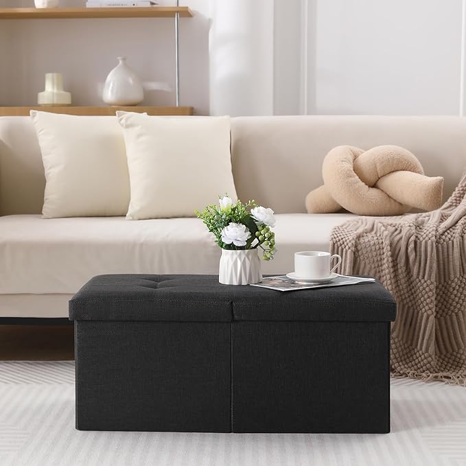 CUYOCA Storage Ottoman Bench Foldable Seat Footrest Shoe Bench End of Bed Storage with Flipping Lid, 75L Storage Space, 30 inches Linen Fabric Black-NeatNest
