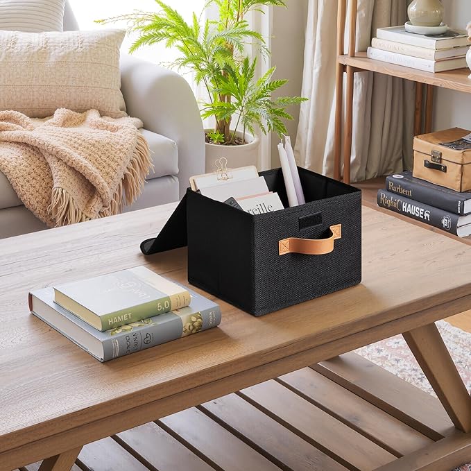 GRANNY SAYS Small Storage Bins with Lids, Small Storage Boxes, Shelf Baskets for Shelf, Collapsible Storage Bins for Living Room, Bedroom, 10x8x7 Inch, Black, 2-Pack-NeatNest