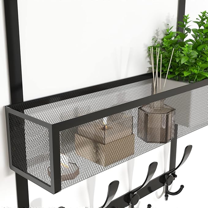 Over The Door Hooks Organizer,Over Door Hanger Towel Rack Mesh Basket with 12 Hooks,Back of Door Storage Organizer for Bedroom,Bathroom,Kitchen,Office(Black)