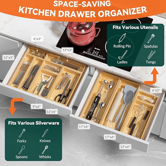 Bamboo Drawer Organizer for Kitchen & Bath, Extra Large Stackable Tray for Silverware, Toiletries & Utensils, 2 Pcs, 17" x 6" x 2" (Outer), 16.3" x 5.3" x 1.77" (Inner)-NeatNest