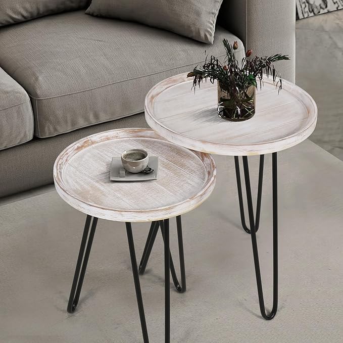 Oakrain Nesting Tables for Living Room, Round Nesting Coffee Table, Farmhouse End Tables Living Room, Bedroom, Small Coffee Table (Distressed White)