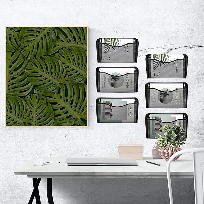 EASEPRES 6 Single Pocket Mesh Hanging File Organizer, Vertical Wall Mounted Magazine File Holder, Mount Basket Mail Paper Document Folder Organizing for Office, Home and School, Black