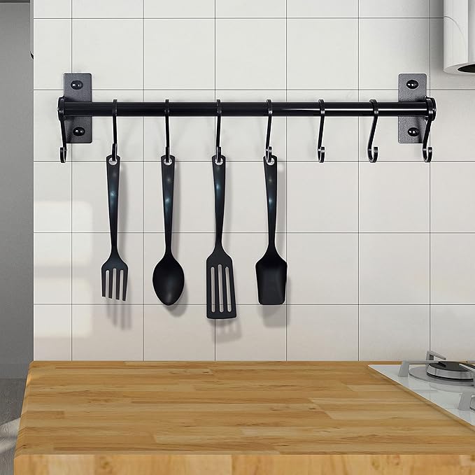 Dseap Kitchen Utensil Holder Hanger, Pot and Pan Rack Wall Mounted, Kitchen Rail with 8 Hooks for Hanging Cooking Utensils, Mugs, Spoons, Wall Mounted, Black-NeatNest