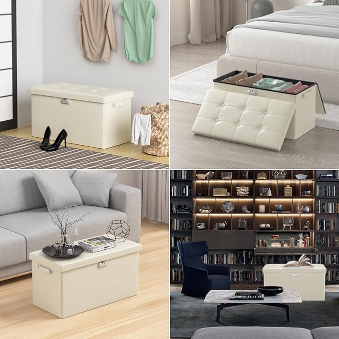 DocSafe Storage Ottoman Bench with Lock,Fireproof 30 Inches Folding Bench Foot Rest Stool Storage Chest Safe for Living Room,Bedroom,Home Office,Waterproof Leather Ottoman with Handles,Beige-NeatNest