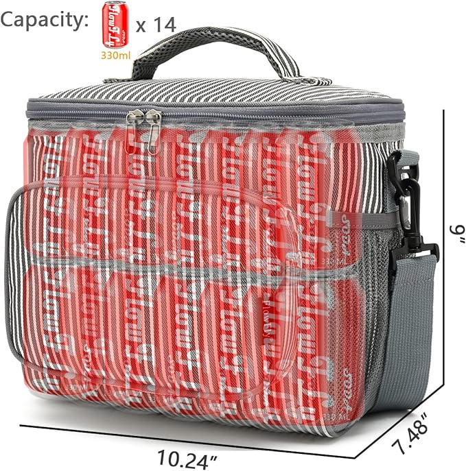 FlowFly Insulated Reusable Lunch Bag Adult Large Lunch Box for Women and Men with Adjustable Shoulder Strap,Front Zipper Pocket and Dual Large Mesh Side Pockets,Stripes-NeatNest