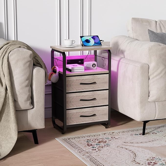 Bed Side Table with 3 Fabric Drawers, Night Stand with Charging Station, LED Nightstand with Hooks, Bedside Table End Tables with Storage, Night Tables for Living Room, Bedroom (Beige)-NeatNest