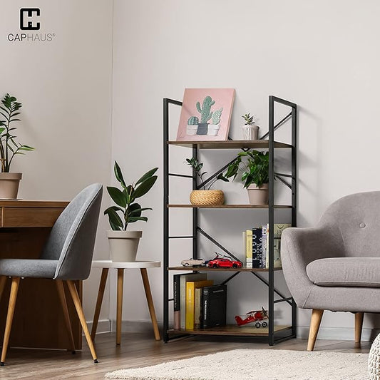 CAPHAUS 4 Tier Bookshelf, 24 Inch Width Free Standing Shelf, Bookcase Shelf Storage Organizer, Industrial Book Shelves for Home Office, Living Room, Kitchen, Rustic Oak Vintage Shelves & Metal Frame-NeatNest