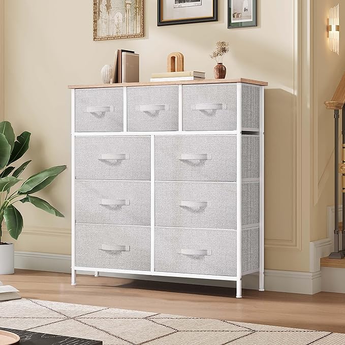 DWVO 9 Drawer Dresser, Light Gray Fabric Storage Tower, Tall Organizer Unit for Room, Living Room, Hallway, Closets - Sturdy Steel Frame, Wooden Top & Easy Pull Bins-NeatNest