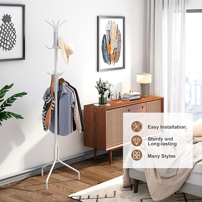 FILWH Coat Rack Freestanding Coat Tree Standing Hat Hanger Jacket Organizer Rack Metal,18.3" L x 18.3" W x 71.5" H,White-NeatNest