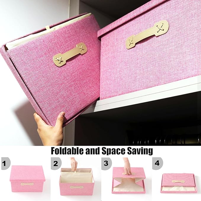 Enzk&Unity Decorative Storage Bins with Lids, Fabric Linen Foldable Storage Box with Handle Home Organizer for Shelf, Closet, Bedroom, Living Room, Office, 3 Packs, Pink-NeatNest