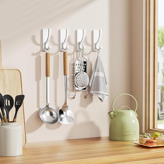 Adhesive Wall Hooks for Towels Coats - Stick On Hooks Hanging Heavy Duty (13lb), Metal Hook for Door, Bathroom, Dorm, Closet - Hanger for Purse, Bag, Robe,Backpack - No Damage to Wall - White 4 Pack