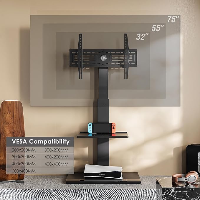 FITUEYES Floor TV Stands with Swivel TILT Mount for 32 39 40 43 49 50 55 60 65 70 75 Inch LCD LED TVs with Iron Base Adjustable Shelf Universal Television Stands for Bedroom and Living Room (Black)
