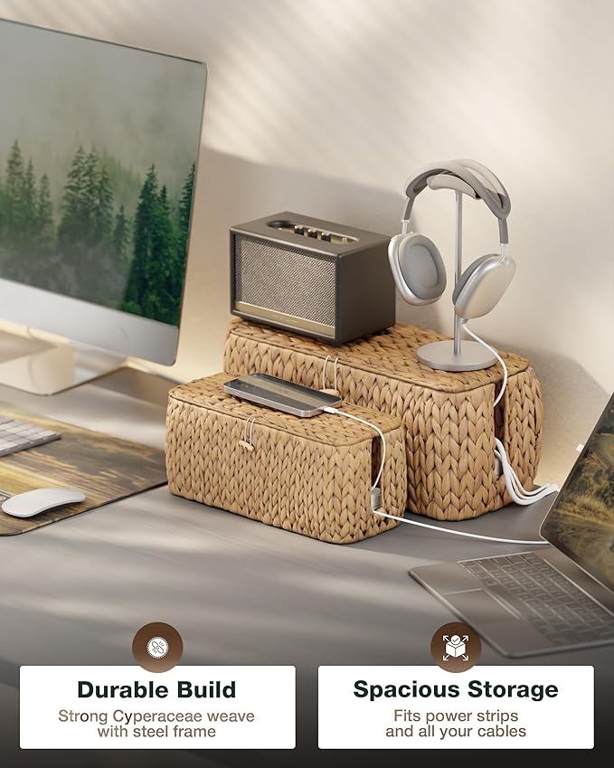 BLUEWEST Set of 2 Cable Management Box, Water Hyacinth Organizer Box, Durable Rattan Cable Organizer with Dual Open Slots for Desk, TV, and Office Cords, Hides Power Strips, USB Hubs, and Wires