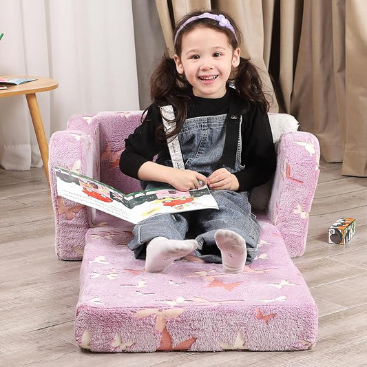 Butterfly Glow in The Dark Toddler Couch, 2-in-1 Toddler Soft Couch Fold Out with Star Pillow, Convertible Sofa to Lounger for Girls and Boys, 1-Seat-NeatNest