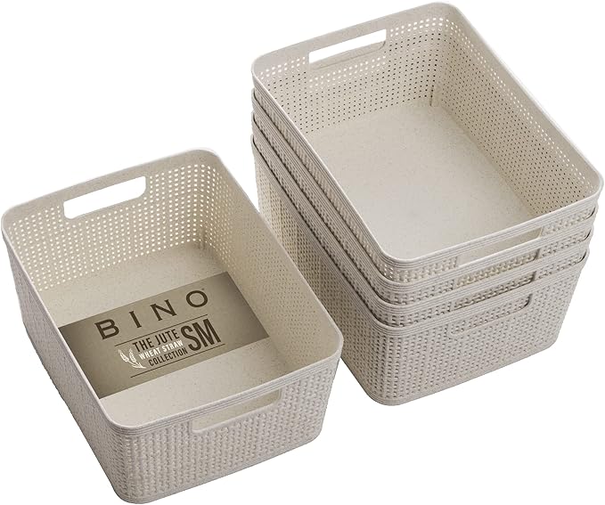 BINO | Woven Plastic Basket | Small (Natural), 5-Pack | THE JUTE COLLECTION | Home Organization, Space - Saving Storage, Stylish Design | Jute Basket | Plastic Storage Basket-NeatNest