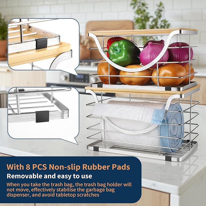 Extra Large Trash Bag Holder Stackable Kitchen Storage Slive, 2 Pack Wall Mounted Pantry Organizers and Storage with Bamboo Top, Garbage Bag Dispenser Under Sink for Laundry Room and Kitchen-NeatNest