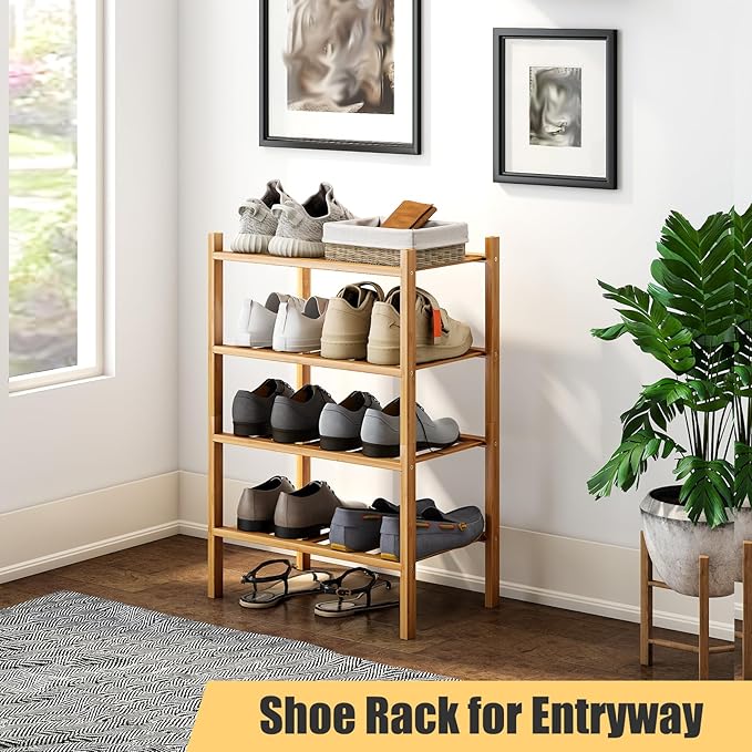 Small Shoe Rack, 4-Tier Bamboo Stackable Shoe Shelf Storage Organizer, Shoe Stand for Closet, Entryway and Hallway-NeatNest
