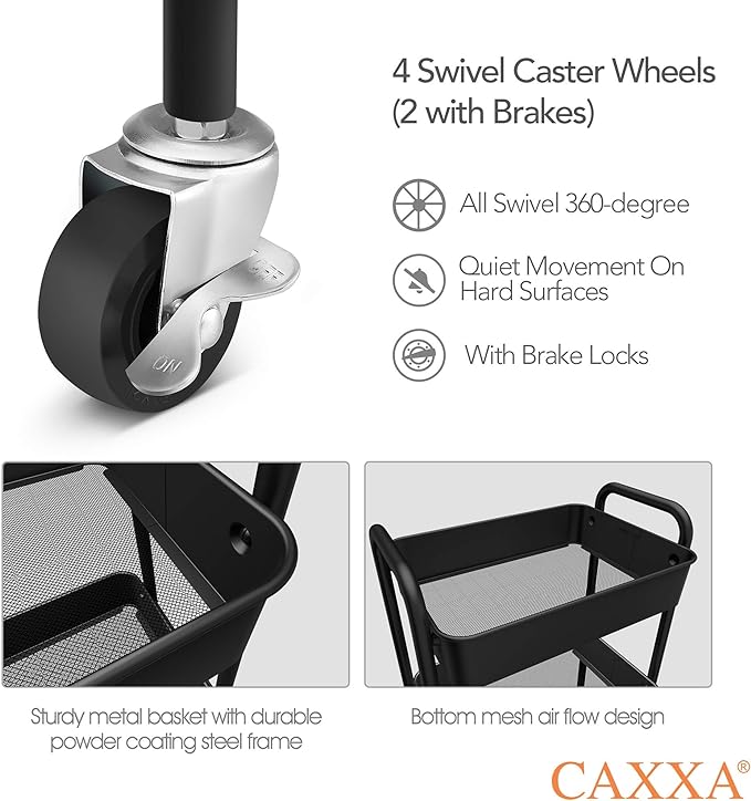CAXXA 3-Tier Rolling Metal Storage Organizer - Mobile Utility Cart, Kitchen Cart with Caster Wheels (Black)-NeatNest