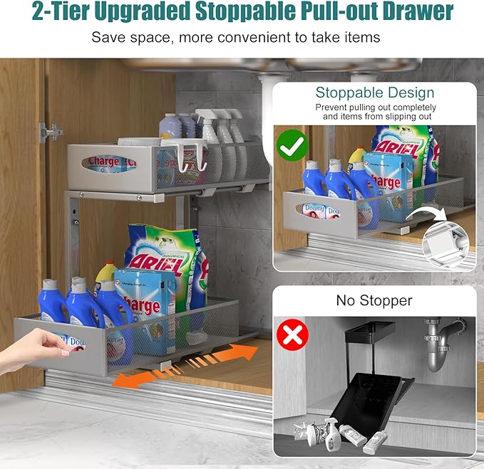 1 Pack Under Sink Organizer, 2 Tier Metal Pull Out Under Sink Storage with Sliding Mesh Drawers, Height Adjustable Slide Out Under Sink Organizer for Kitchen Bathroom Cabinet, Gray-NeatNest