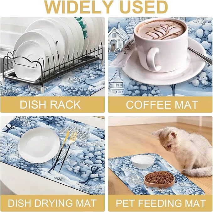 Hello Winter Dish Drying Mats Super Absorbent Dish Drainer Rack Pad Non-Slip Drying Mat for Kitchen Counter, 20"x12"