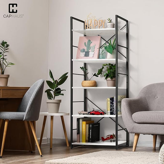 CAPHAUS 5 Tier Bookshelf, 24 Inch Width Free Standing Shelf, Bookcase Shelf Storage Organizer, Industrial Book Shelves for Home Office, Living Room, Kitchen, White Shelves & Metal Frame-NeatNest
