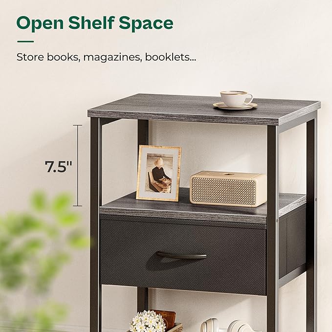 Huuger Nightstand Set of 2, Night Stand with Fabric Drawer, Mesh Shelf, Side Table with Storage, Fabric Drawer Dresser, Open Shelf, Metal Frame, Bedroom, Charcoal Gray