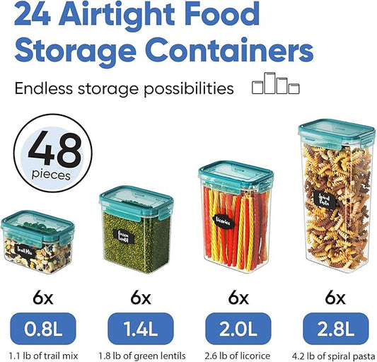 Chef's Path Airtight Food Storage Containers with Lids, 24 pcs (Teal Color) Plastic Kitchen and Pantry Organization for Dry Food, Flour and Sugar, BPA Free-NeatNest