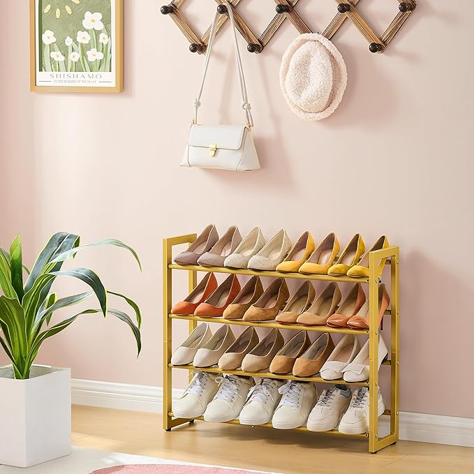 FAVOOSTY 4-Tier Expandable Shoe Rack, Adjustable Shoe Shelf Storage Organizer Space Saving Metal Free Standing Shoe Rack for Entryway Closet Doorway, Gold-NeatNest