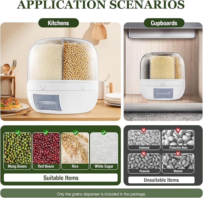 360° Rotating Grains Dispenser, 6 Grids Dry Food Dispenser, Round Multigrain Tank Cup Dry Rice Container with Sealed Lid, Grains Cans Grain Storage Tank for Home Kitchen, Can Hold 13lbs, White-NeatNest