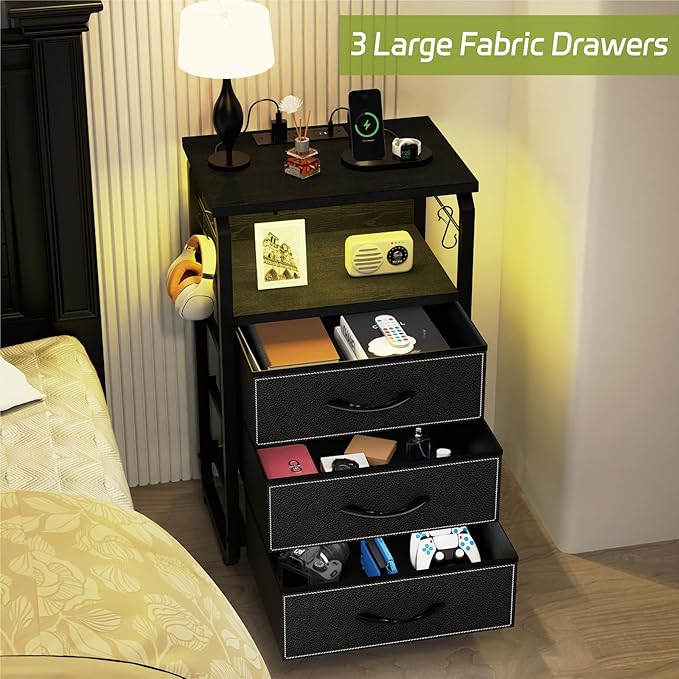 Tall Nightstand Set of 2 with Charging Station, Bed Side Tables Bedroom Set of 2, Black Night Stand Set 2, Bedside Table with 3 Fabric Drawers, Night End Table with Storage for Bedroom, Dorm