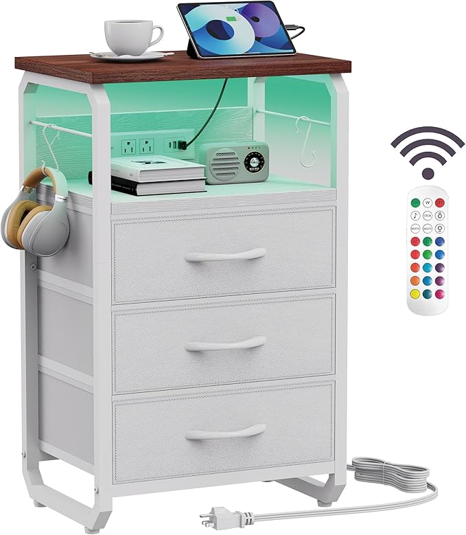 Bed Side Table with 3 Fabric Drawers, Night Stand with Charging Station, LED Nightstand with Hooks, Bedside Table End Table with Storage, Night Table for Living Room, Bedroom Walnut-NeatNest