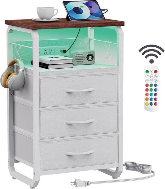 Bed Side Table with 3 Fabric Drawers, Night Stand with Charging Station, LED Nightstand with Hooks, Bedside Table End Table with Storage, Night Table for Living Room, Bedroom Walnut-NeatNest