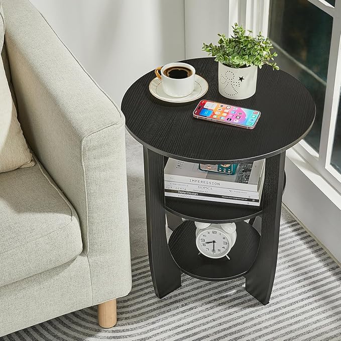 Round End Table with Storage Shelf,3 Tier Modern Side Table, Sofa Recliner Side Table,Accent Coffee Table,Nightstand for Living Room Bedroom for Small Spaces,19.7" D x 21.7" H