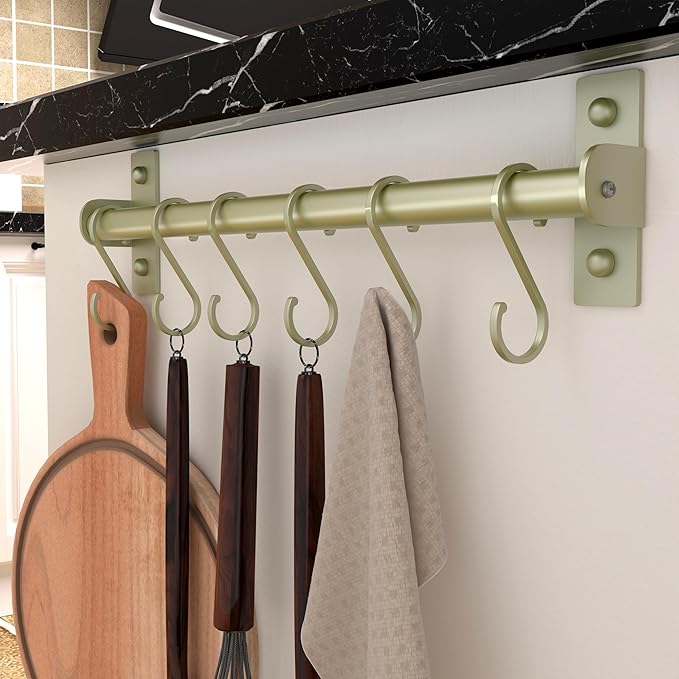 Dseap Kitchen Utensil Holder Hanger, Pot and Pan Rack Wall Mounted, Kitchen Rail with 8 Hooks for Hanging Cooking Utensils, Mugs, Spoons, Wall Mounted, Champagne Color, Pack of 2-NeatNest