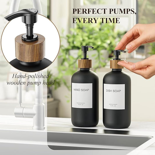 Cisily 2 Pack Black Kitchen Soap Dispenser Set with Wooden Pump, Dish and Hand Soap Lotion Dispenser Set with 6 Waterproof Stickers for Kitchen and Bathroom Decor for Counter, Modern Vintage Liquid-NeatNest