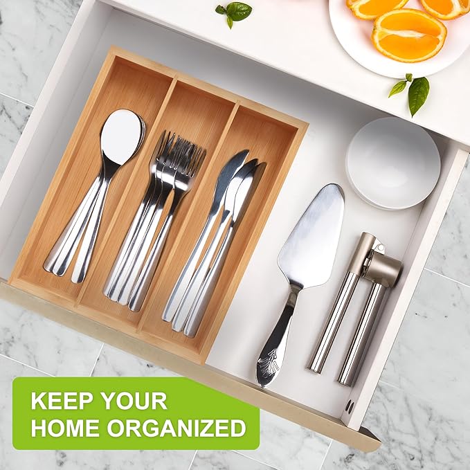 Bamboo Utensil Drawer Organizer, Silverware Tray Organizer, Kitchen Drawer Organizer for Flatware Cutlery, (Natural, 3 Slots)-NeatNest